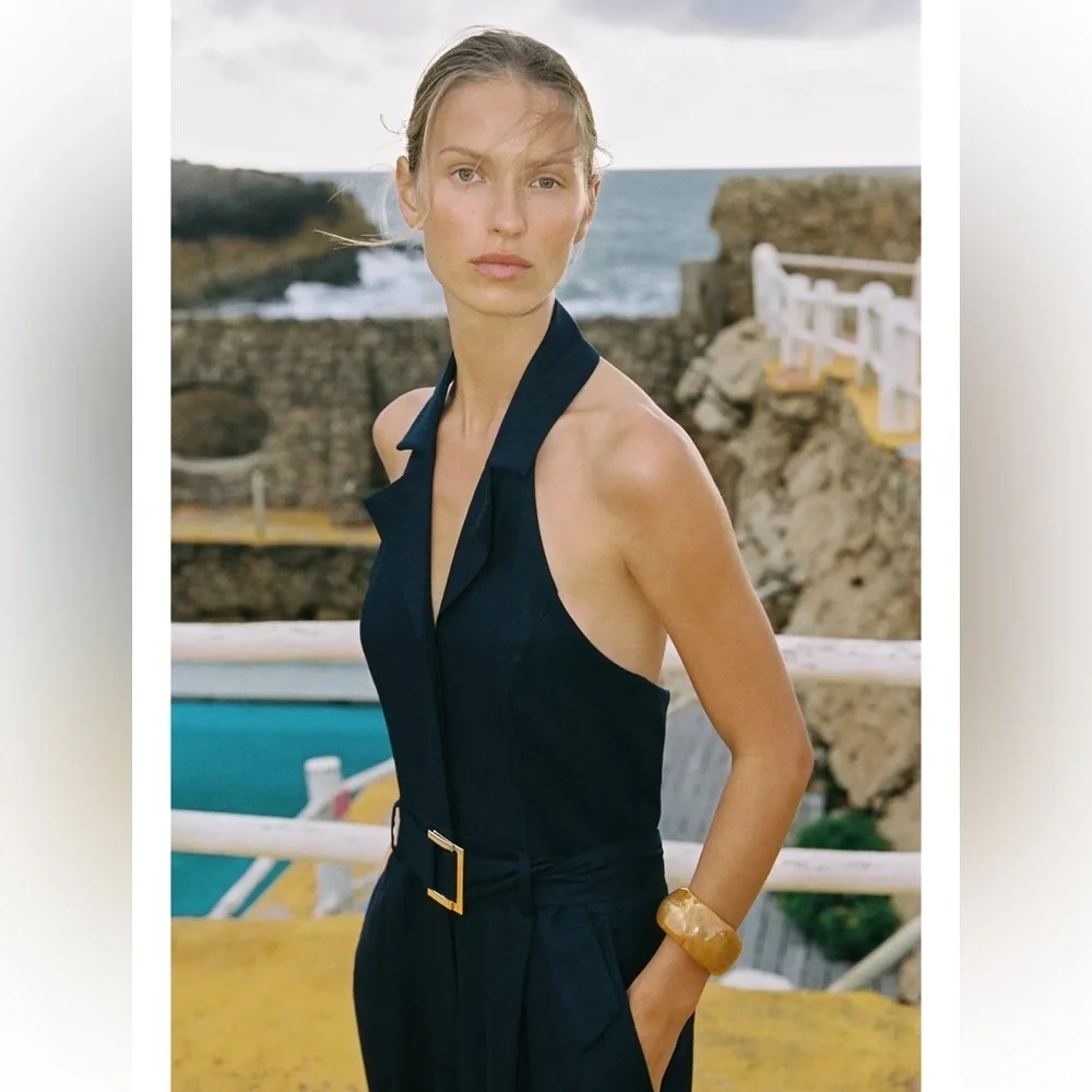 Zara Halter Belted Linen Jumpsuit
